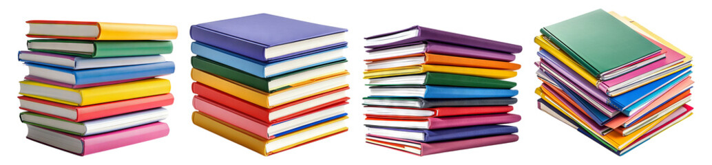 Colorful Stacked Books in Various Sizes and Designs on White Background, Isolated on Transparent Background
