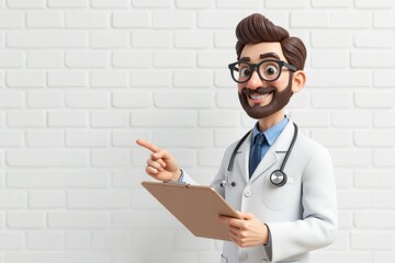 3D Cartoon male doctor points left, smiling, holding a clipboard.