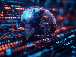 Futuristic Technology: Illuminated Globe in Global Network with Neon Lights & Data Visualization