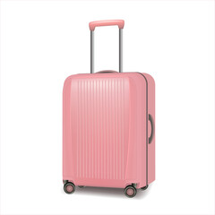 Realistic light pink wheeled travel  suitcase with hand. Plastic travel suitcase with shadow. 3d illustration isolated on white background. Vector illustration.	