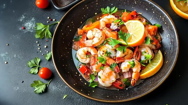 Fresh shrimp ceviche with vibrant vegetables and herbs