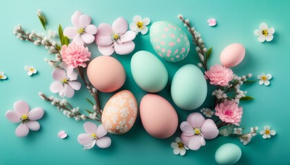 pastel easter eggs with spring flowers on turquoise background