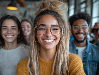 Fototapeta premium Diverse Multicultural Group Smiling in Casual Indoor Setting - Portrait of Young Friends Embracing Unity and Happiness