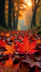 Vibrant red & orange maple leaves strewn on forest floor, pile, branch