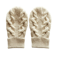 A Pair of White Knit Mittens with Braided Patterns Isolated on Transparent Background