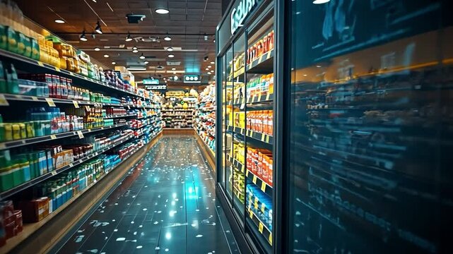 Modern grocery store aisle featuring illuminated shelves and digital displays in busy urban setting