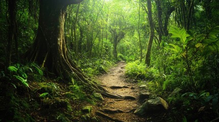 Obraz premium Lush green jungle path with sunlight filtering through canopy.