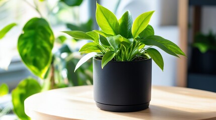 Lush Green Philodendron Plant in Black Pot on Table