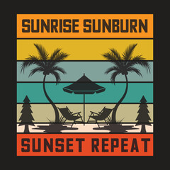Fototapeta premium Summer beach tropical vacation with palm trees, ocean, and sunset illustration