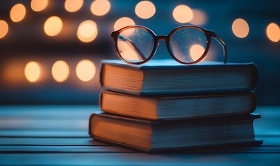 Stacked Books And Eyeglasses Illuminated With Bokeh Lights