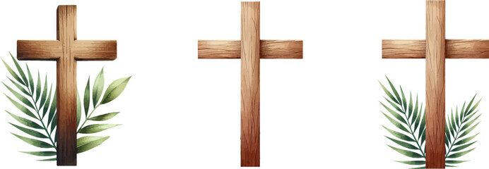 Christian cross vector sumbol .Palm Sunday consept. Wooden cross with palm leaves .  Good Friday .Ester celebration. Simple christian cross collection.