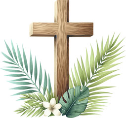 Christian cross vector sumbol .Palm Sunday consept. Wooden cross with palm leaves .  Good Friday .Ester celebration.