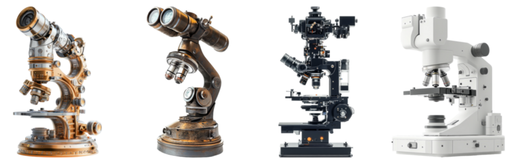 Vintage and Modern Microscopes on Display in a Scientific Setting, Isolated on Transparent Background
