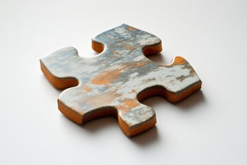 Fototapeta premium A single weathered wooden puzzle piece laying on a white surface