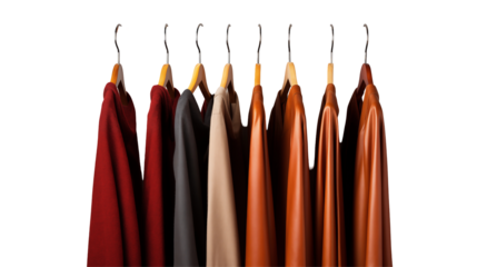 Autumn-Winter Clothing Wooden Hangers, Stylish Apparel in Brown, Red, and Beige Tones.