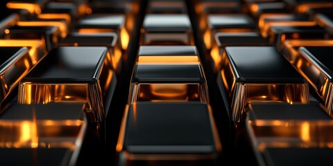 Obraz premium Discovering the Beauty of Shiny Gold Bars Reflecting Soft Lights in a Luxurious Setting at Dusk in a Treasure Trove Generative AI