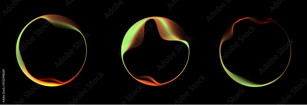 Aufkleber Set of neon glowing circles with gradient transition isolated on white background. Colorful bright template of wavy dynamic lines in ring shape.