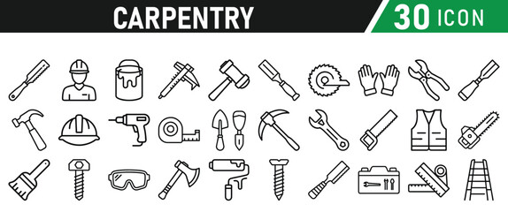Set of icons related to carpentry. Linear icon collection. Vector illustration