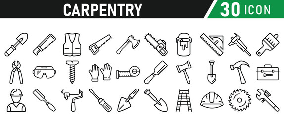 Set of icons related to carpentry. Linear icon collection. Vector illustration