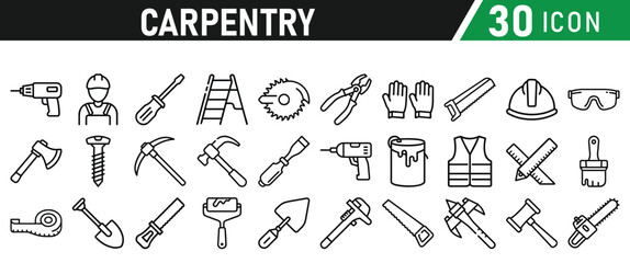 Set of icons related to carpentry. Linear icon collection. Vector illustration