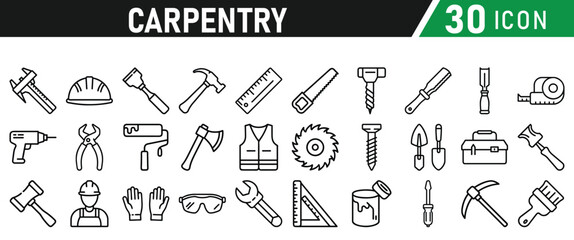 Set of icons related to carpentry. Linear icon collection. Vector illustration