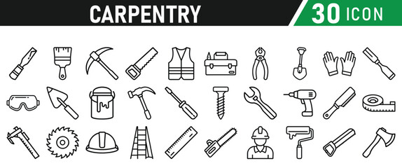 Set of icons related to carpentry. Linear icon collection. Vector illustration