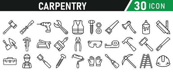 Set of icons related to carpentry. Linear icon collection. Vector illustration