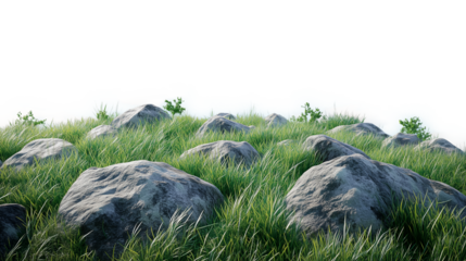 Paisaje de naturaleza con musgo, hierba y piedras con fondo transparente