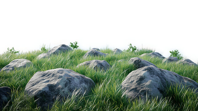Paisaje de naturaleza con musgo, hierba y piedras con fondo transparente