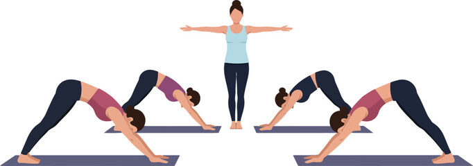 A yoga instructor guiding students in downward dog pose in a minimal vector illustration