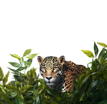 jaguar en una escena selv&aacute;tica, rodeado de vegetaci&oacute;n verde y exuberante. El felino tiene un pelaje amarillo con manchas negras, ojos penetrantes y una expresi&oacute;n cautelosa sobre fondo transparente