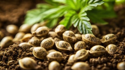 Obraz premium Hemp seeds on soil with a plant sprout.