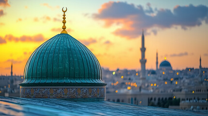 Naklejka premium Majestic mosque dome with Islamic architecture at sunset