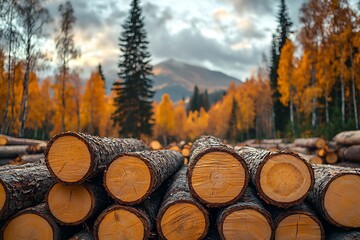 Logged wood stacked in front of an autumn forest and mountain
