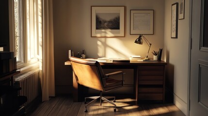 Sunlit home office with wooden desk, leather chair, and framed art.