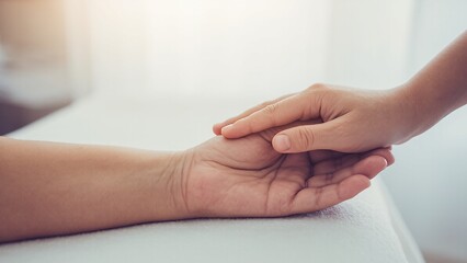 Hand gently holding another's wrist on a white surface, conveying comfort and support.