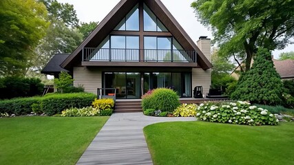 Modern suburban house with spacious yard and inviting outdoor design perfect for family living