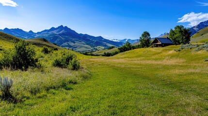 Naklejka premium Scenic mountain landscape with cabin and lush greenery under clear blue sky