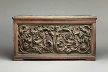 Ornate antique wooden chest with intricate carvings of acanthus leaves and scrolls, showcasing Baroque style.