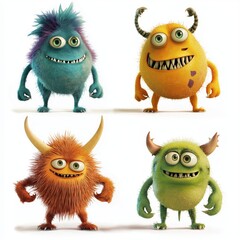 Fototapeta premium Colorful and playful cartoon monsters with unique designs on white background