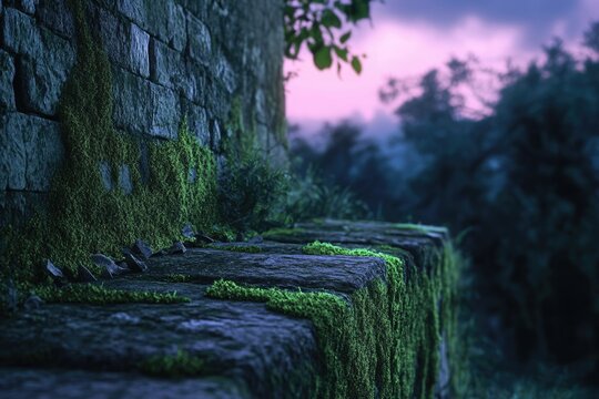 Moss-covered stone wall at dusk, serene forest background, peaceful atmosphere.