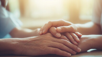 Gentle hands offer support and comfort, resting tenderly on an elderly person's hands.