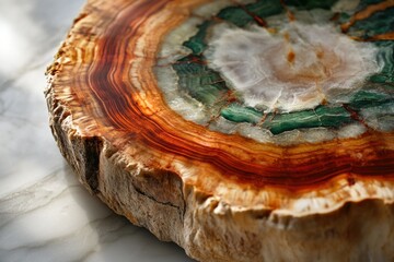Obraz premium A stunning cross-section of petrified wood showcasing vibrant orange, green, and white hues.
