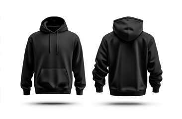 Blank black hoodie mockup front and back view on white background