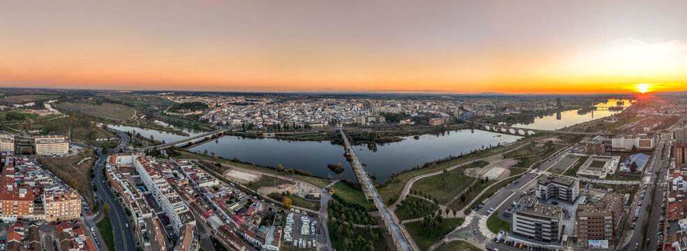 Aerial view of Badajoz with bridges spanning across the Guadiana river in Spain