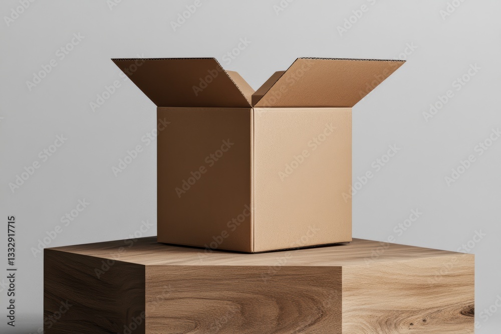 Poster cardboard box ready for unboxing on sleek wooden display in minimalistic setting illuminated by soft