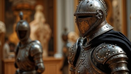 Metallic knight armor on display in a historical museum with sculptures in the background
