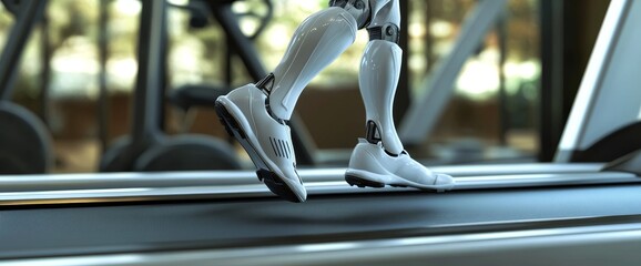 futuristic humanoid robot jogging on a gym treadmill to illustrate AI training and rapid development on a clear background - Stock