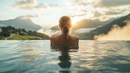 Woman relaxes in infinity pool overlooking mountains at sunset