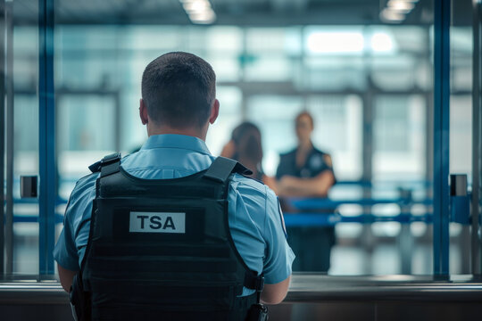 A Transportation Security Administration (TSA) officer stands at an airport security checkpoint, attentively monitoring passengers.